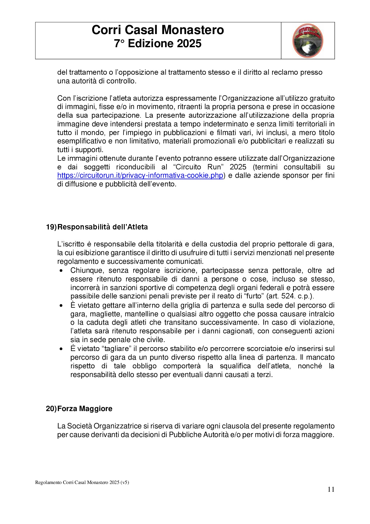 Regolamento Corri Casal Monastero - 2025